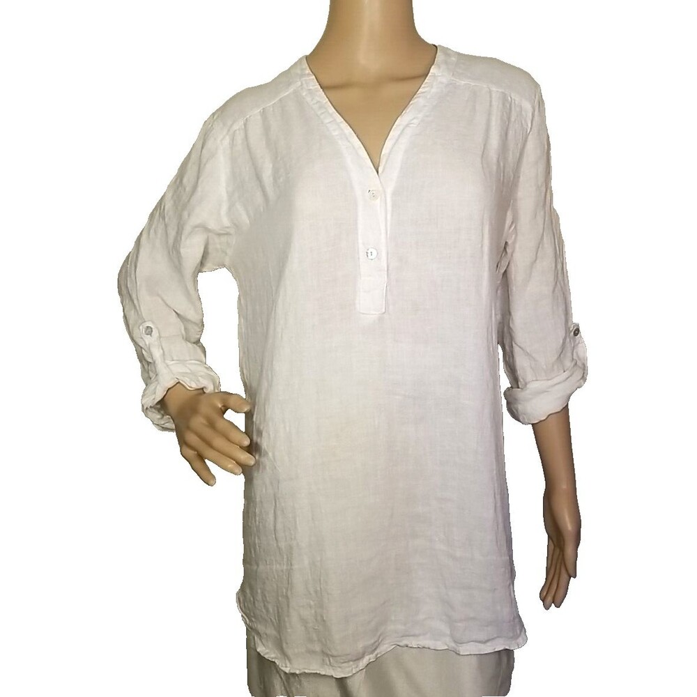 RoseMarine Italy Sz Small 3/4 Roll Tab Sleeve White Linen Henley Tunic Top   T52